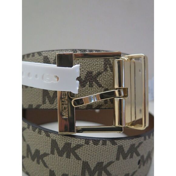 Michael Kors 556180C Women Sz M Reversible LEATHER Luggage Brown Logo MK Belt - Picture 3 of 10